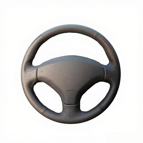 Funda para volante de polipiel negra cosida a mano para Peugeot 308 (2007-2013) y 408 (2012-2014). Color: hilo gris.