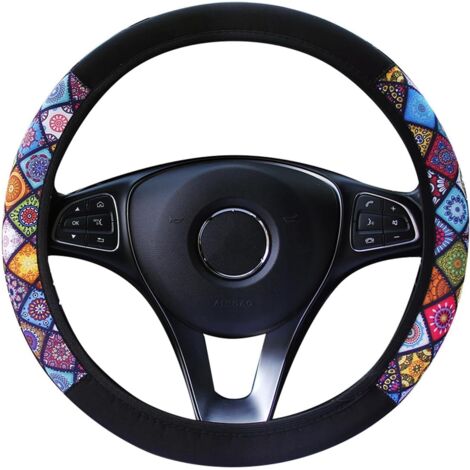 Funda Volante Coche 37-38cm Universal, Funda Protectora para Volante de Coche en Estilo Nacional, Protector de Volante de Microfibra Transpirable y Antideslizante, Funda Coche Que Absorbe el Sudor