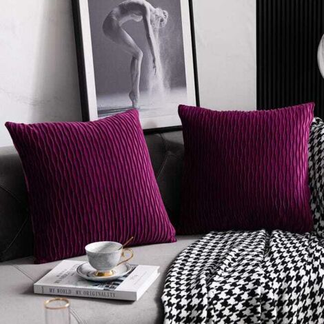Fundas de almohada moradas de 45 cm x 45 cm: Paquete de 2 fundas de cojín decorativas cuadradas de terciopelo a rayas originales para sofá de dormitorio.