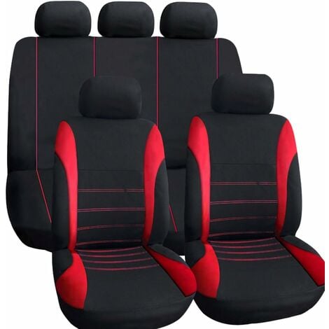 Fundas de asiento de coche universales negras y rojas, accesorios de interior de coche, cojín de asiento de coche de estilo deportivo, juego completo de 9 piezas