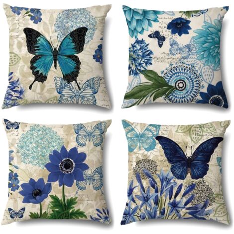 Fundas de cojín decorativas de 45x45 cm con estampado floral de mariposas para sofá, silla, cama y sala de estar. Juego de 4 fundas de lino con flores turquesas de estilo bohemio. Decoración vintage e
