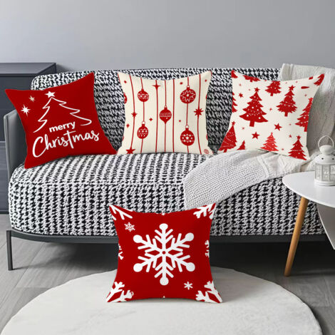 Fundas de cojín navideñas, cojines decorativos de Feliz Navidad, 45 x 45 cm, juego de 4, funda de cojín con árbol nevado rojo