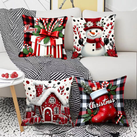 Fundas de cojín navideñas de 45 x 45 cm, fundas de cojín para sofá con decoración navideña, 4 fundas de almohada de felpa de lino.