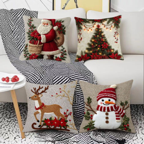 Fundas de cojín navideñas, juego de 4, fundas de cojín a rayas de 45 x 45 cm, fundas de cojín para sofá de invierno, decoración navideña (Navidad)