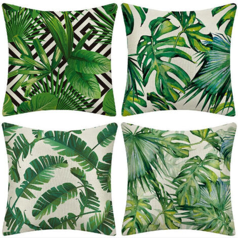 Fundas de cojín para exterior, juego de 4 fundas impermeables con estampado de plantas tropicales verdes para sofá, ideal para patio, jardín, sala de estar, dormitorio, 45 x 45 cm.
