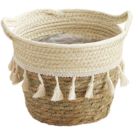 Fundas de mimbre para macetas, cestas bohemias para plantas de interior, macetas decorativas de hierba marina para jardín con revestimiento de plástico impermeable.