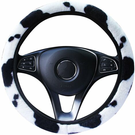 Fundas para volante de coche de felpa Universal 37-38 cm Funda para volante de coche Cálido invierno Patrón de vaca Funda telescópica de felpa para volante sin anillo interior A