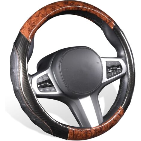 Fundas para Volante de Coche Universal Grano de Madera Fundas Volante Coche 37-38cm Antideslizante Volante de Cuero de Microfibra, Negro y Marrón