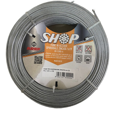 FUNE CAVO INTRECCIATO SPIROIDALE ANTIGIRO ACCIAIO ZINCATO 100mt Ø3,4mm AREF, " 3,0mm "