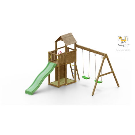 FUNGOO Aire de jeux BOOMER 3 avec double plateforme, échelle, toiture, bac à sable, toboggan vert, mur d'escalade & accessoires de jeux et balançoire 2 sièges - Kit sécurité ancrage au sol fournis