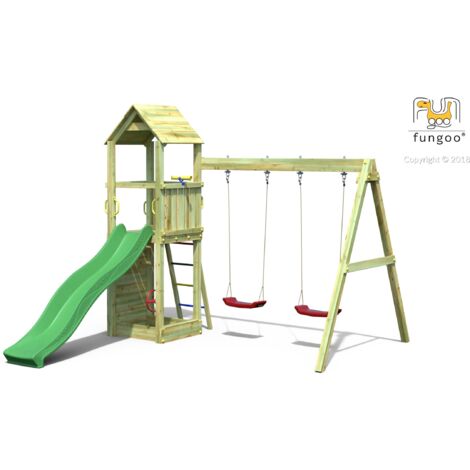 FUNGOO Aire de jeux FLAPPI avec échelle, toiture, bac à sable, toboggan vert, mur d'escalade & accessoires de jeux et balançoire 2 sièges - Kit sécurité ancrage au sol fournis