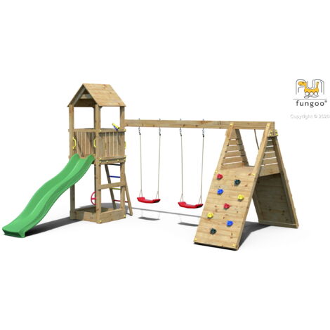 FUNGOO Aire de jeux FLEPPI avec rampe d'accés avec corde, mur d'escalade, toiture, bac à sable, toboggan vert & accessoires de jeux et balançoire 2 sièges - Kit sécurité ancrage au sol fournis