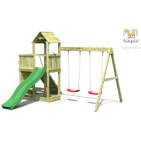 FUNGOO Aire de jeux FLOPPI avec double plateforme, rampe d'accés avec corde, mur d'escalade, toiture, bac à sable, toboggan vert & accessoires de jeux et balançoire 2 sièges - Kit sécurité ancrage au sol fournis