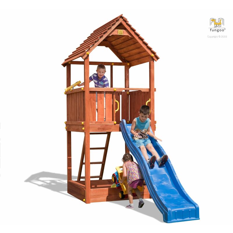 Aire de jeux joy avec échelle, toboggan bleu, bac à sable, toiture & accessoires de jeux - Kit sécurité ancrage - Fungoo