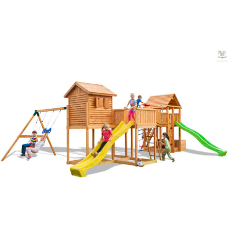 FUNGOO Aire de jeux MAXI SET PLAY BOX avec double plateforme, pont de bois, cabane, 2 échelles, 2 toboggans, mur d'escalade, corde à nœuds, échelle de corde, bac à sable, coffre à jouets accessoires d