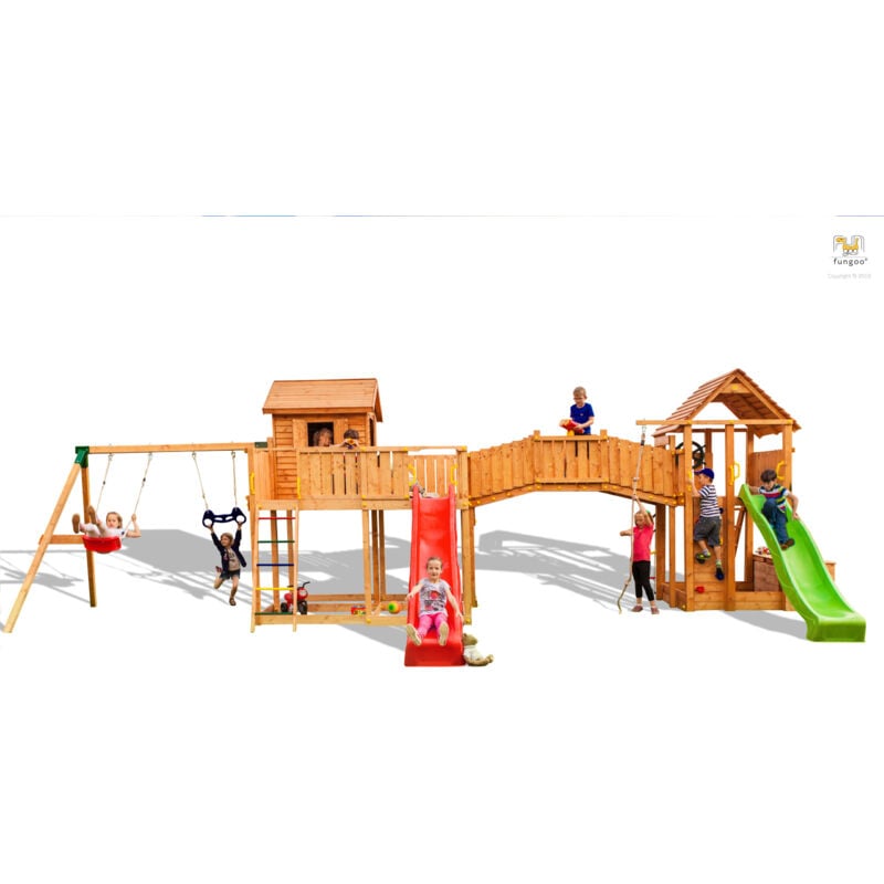Fungoo - Aire de jeux MAXI SET SMILE FARM avec double plateforme, pont de bois, cabane, 2 échelles, 2 toboggans, mur d'escalade, corde à nœuds,