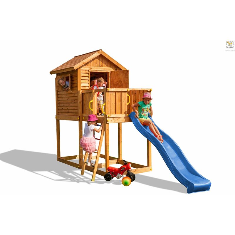 Aire de jeux my house avec double large plateforme, échelle, toboggan bleu, cabane, toiture & accessoires de jeux - Kit sécurité ancrage - Fungoo
