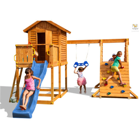 FUNGOO Aire de jeux MyHOUSE SPIDER avec double plateforme, cabane, toboggan bleu & accessoires de jeux, balançoire 1 sège et trapèze - Kit sécurité ancrage au sol fournis