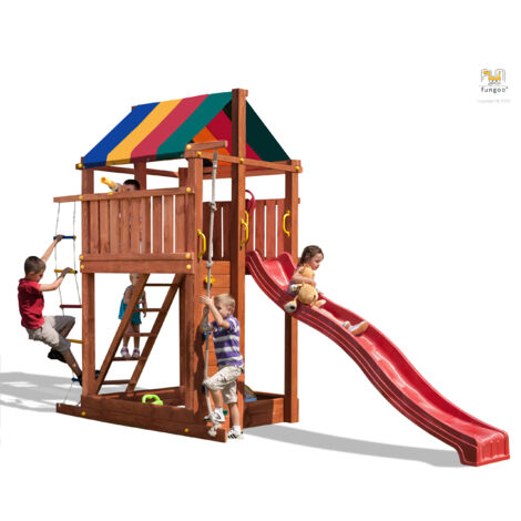FUNGOO Aire de jeux PARADISE avec large plateforme, mur d'escalade, échelle, échelle de corde, toboggan rouge & accessoires de jeux - Kit sécurité ancrage au sol fournis