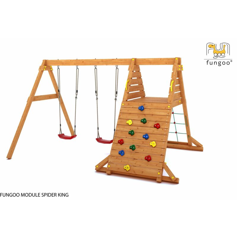 Aire de jeux spider king avec mur d'escalade, mur de corde, plate-forme et Balançoire 2 sièges - Kit sécurité ancrage - Fungoo