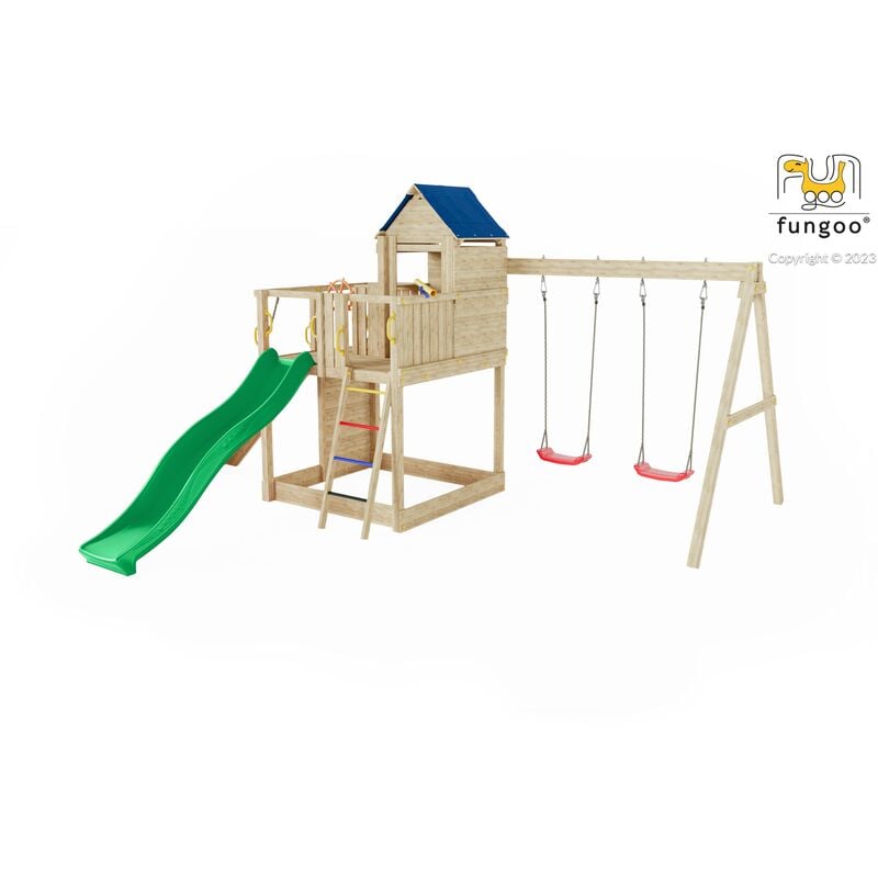 Aire de jeux treehouse avec grande plateforme, rampe d'accés avec corde, mur d'escalade, cabane, toiture, toboggan vert & accessoires de jeux et
