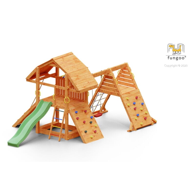Buffalo spider, bac à sable, rampe d'accés avec corde, 2 murs d'escalade, mur de corde, toboggan vert & accessoires de jeux, balançoire 1 siège