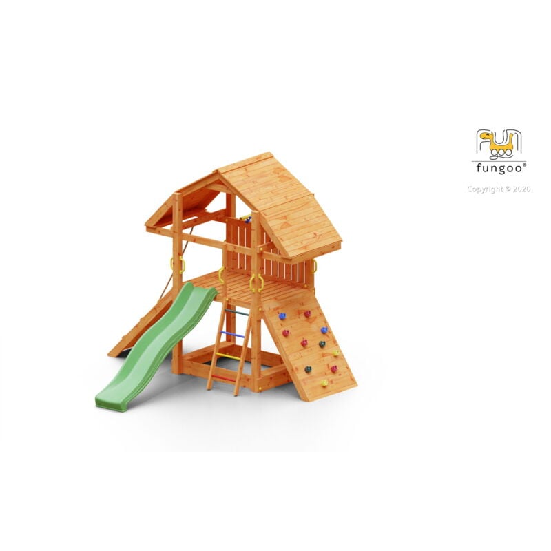 Buffalo ultra robuste et imposante, bac à sable, rampe d'accés avec corde, mur d'escalade, toboggan vert & accessoires de jeux - Kit sécurité ancrage