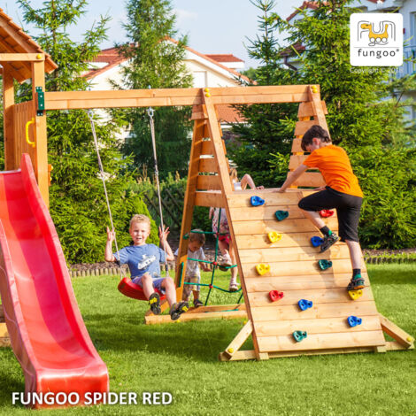 Fungoo Modul "Spider Red", teak, Kletterwand/Rampe mit 1 x Schaukelsitz