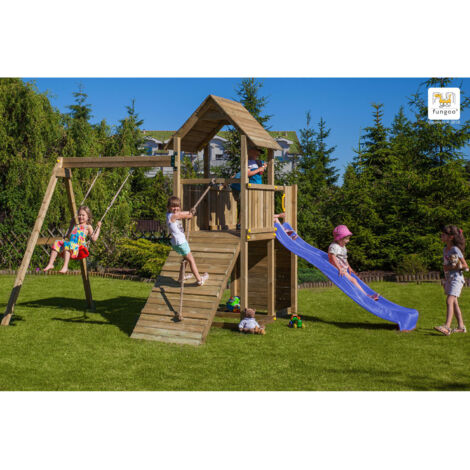 Fungoo Spielturm "Carol 3", natur, mit Rutsche, Schaukel, Kletterwand, Rampe und Holzdach