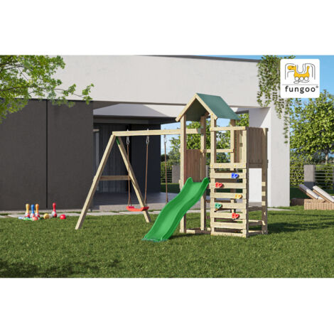 Fungoo Spielturm Chester natur mit Doppelschaukel, Rutsche, Holzdach und Kletterwand