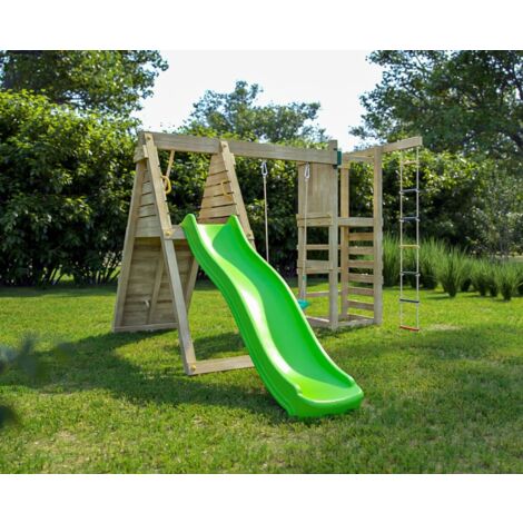 Fungoo Spielturm "Climber", teak, mit Rutsche, Einzelschaukel, Kletterwand und Schaukelsitze