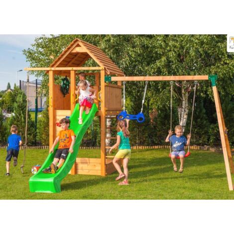Fungoo Spielturm "Fortress Move+", teak, mit Rutsche, Kletterwand, Leiter, Holzdach und Doppelschaukel