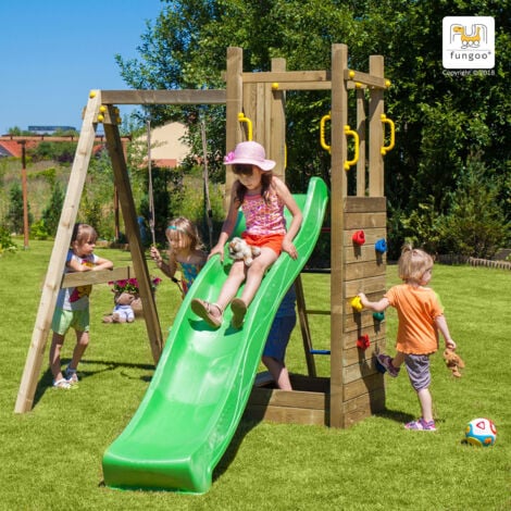 Fungoo Spielturm "Funny 3", natur, mit Schaukel, Rutsche, Sandkasten und Kletterwand