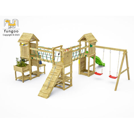 Fungoo Spielturm "Maxi Funny Optimizer", teak, mit Rutsche, Doppelschaukel, Verbindungselemente, Kletterwand