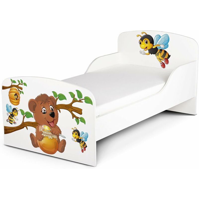 Funktionsbett für Kinder - Bienen und Teddybär - Kinderbett mit Matratze und Lattenrost (140/70 cm)