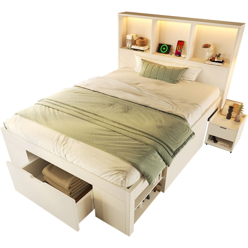 Mivray Funktionsbett Holz Weiß 90x200 Cm Mit Lattenrost, Led-beleuchtung, Usb-c Und Beweglichem Nachttisch