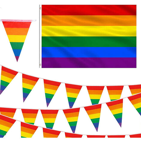 Funnlot Drapeau de la fierté 0,9 x 1,5 m, décorations de la fierté gay Triangulaire 9,1 m Drapeau LGBT, longs drapeaux arc-en-ciel fanion coloré pour décorations LGBT en plein air Décorations de parad