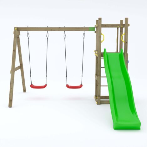 Funny 3 Rumble Ridge Rock Wall with Double Swing & Green Slide - Outdoor Play Set - Pressure Treated Wood - L396 x W375 x H272 cm