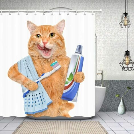Funny Animals Shower Curtain Decor, A Cat With Toothpaste On Toothbrush Shower Curtains 69X70 Inch Polyester Fabric Bathroom Fantastic Decorations Bath Curtains