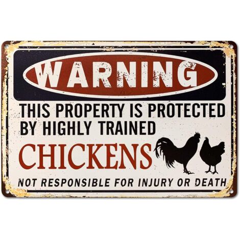 Funny Chicken Coop Sign - "Warning: Property Protected by Chickens" Decorative Metal Sign for Farm, Home, or Garden 12"  8"