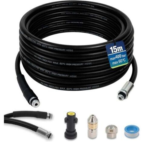 Furet déboucheur canalisation 15m 400 Bar compatible Karcher K2-K7 – Tuyau flexible haute pression avec accessoires pour nettoyage de tuyauterie