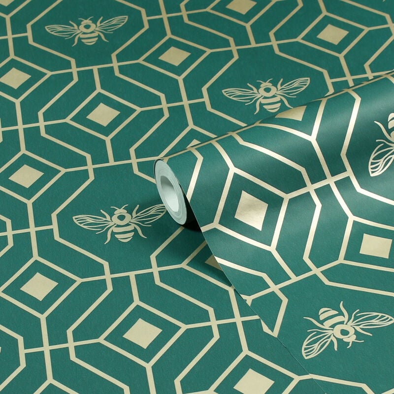 furn. Bee Deco Gold Foil Wallpaper Emerald - Emerald
