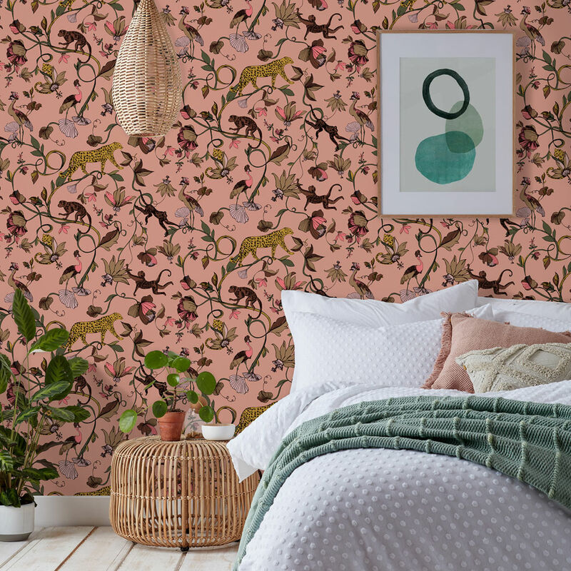 Exotic Wildlings Tropical Printed Wallpaper, Blush - Furn