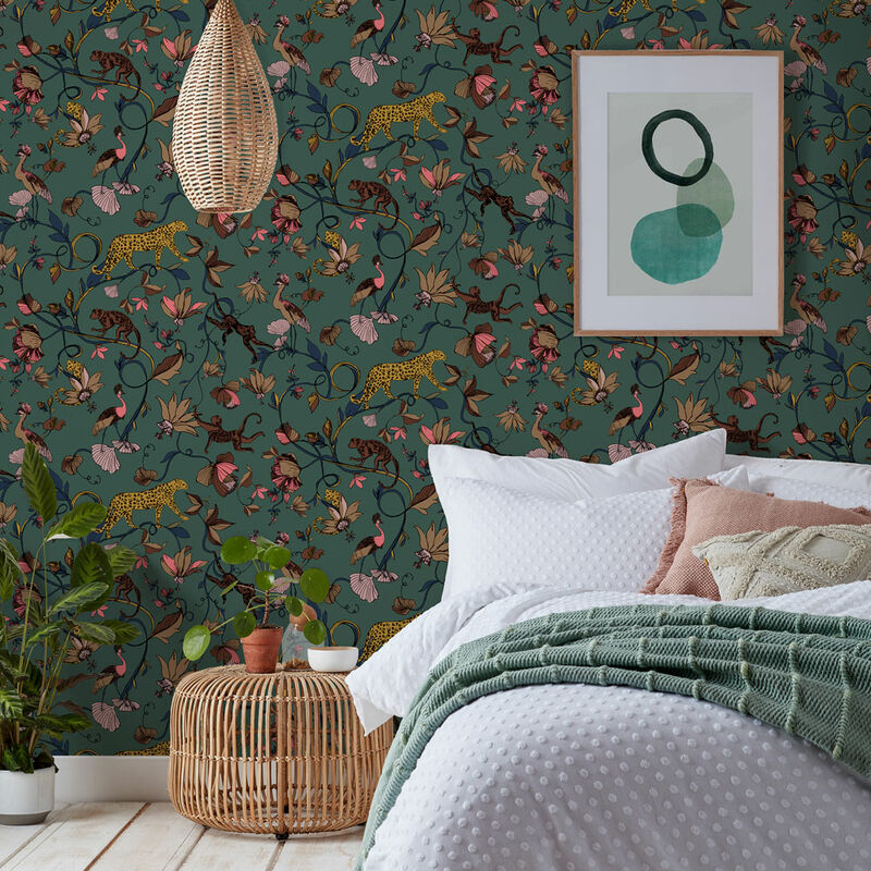 Exotic Wildlings Tropical Printed Wallpaper, Juniper Green - Furn