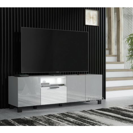 Furneo 150cm TV Stand Grey White High Gloss Matt Unit Cabinet White LED Lights Enzo 14