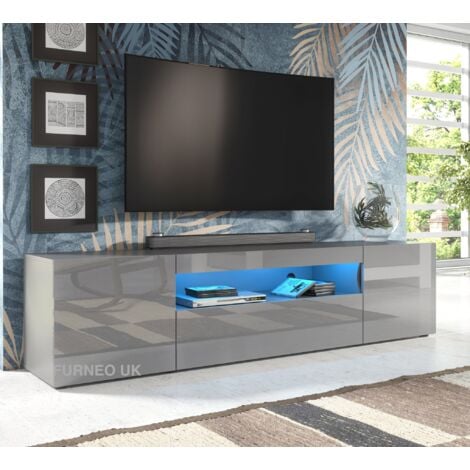 Furneo 200cm Long TV Stand Unit Cabinet Matt & High Gloss Grey Clifton08G Blue LED Ligh