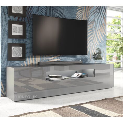 Furneo 200cm Long TV Stand Unit Cabinet Matt & High Gloss Grey Clifton08G White LED Lights