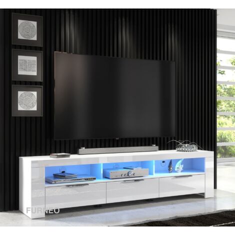 Furneo 200cm White Long TV Stand Unit Cabinet Matt & High Gloss Blue LED Lights Phantom 10