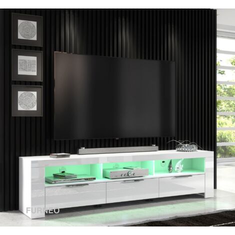 Furneo 200cm White Long TV Stand Unit Cabinet Matt & High Gloss RGB (multicoloured) LED Lights Phantom 10