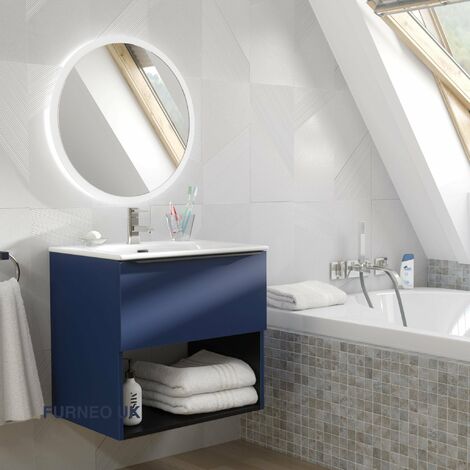 Furneo Bathroom Vanity Unit Floating Storage Basin Blueberry Matt 1-Drawer 60cm With Matt Black Handle